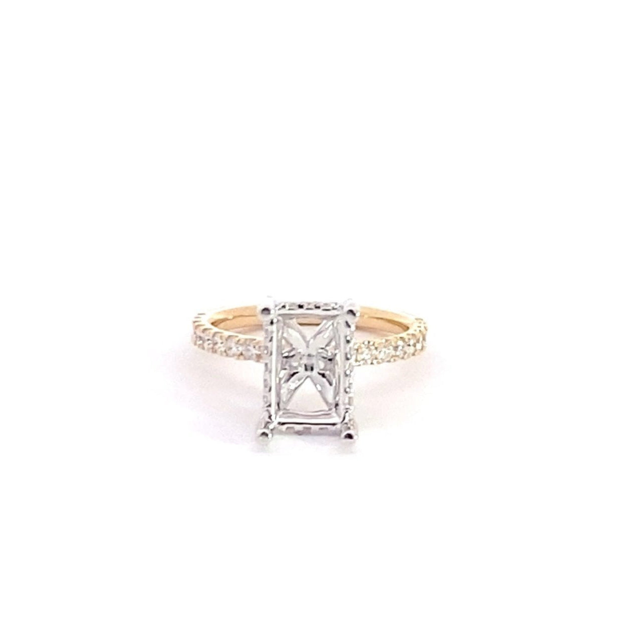 14K Yellow Gold Semi Mounting With 1/2 Way Round Brilliant Cut Lab Grown Diamonds on the Shank and a Hidden Halo 0.69 Cttw (For 5 Ct Emerald or Radiant Center Stone)
