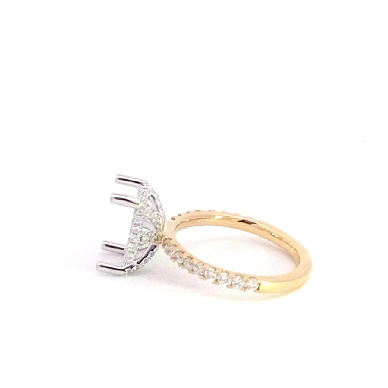 14K Yellow Gold Semi Mounting With 1/2 Way Round Brilliant Cut Lab Grown Diamonds on the Shank and a Hidden Halo 0.69 Cttw (For 5 Ct Emerald or Radiant Center Stone)