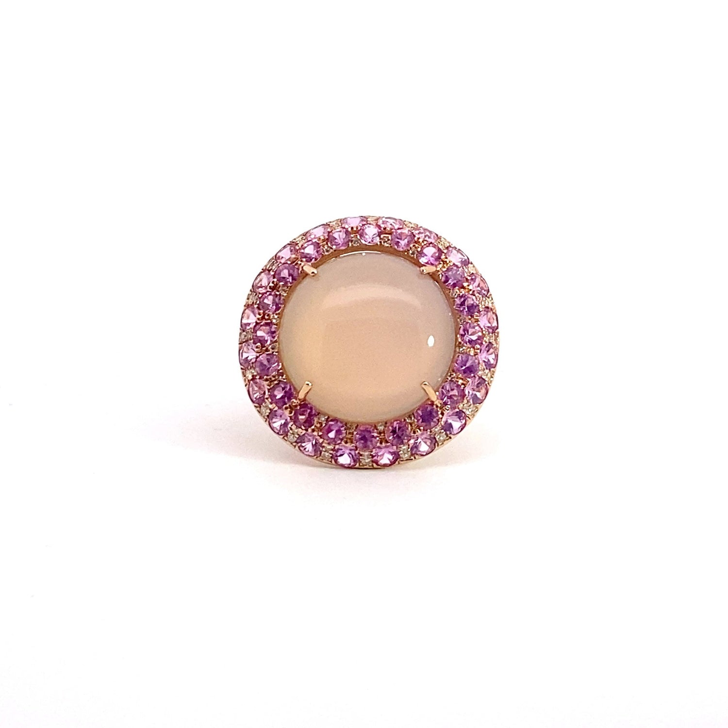 Anillo de oro rosa de 14 quilates con piedra lunar y zafiro rosa