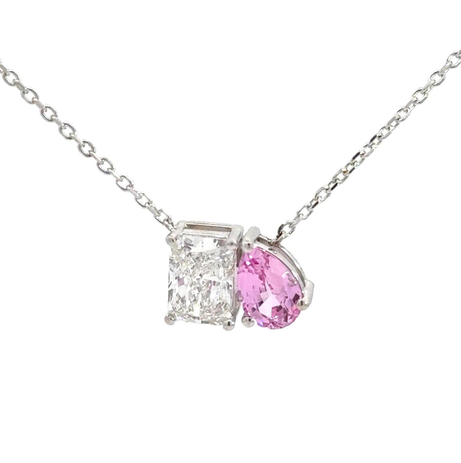 14K White Gold 4.05 cttw Radiant Cut and Light Pink Sapphire Pear Shape Toi et Moi Pendant