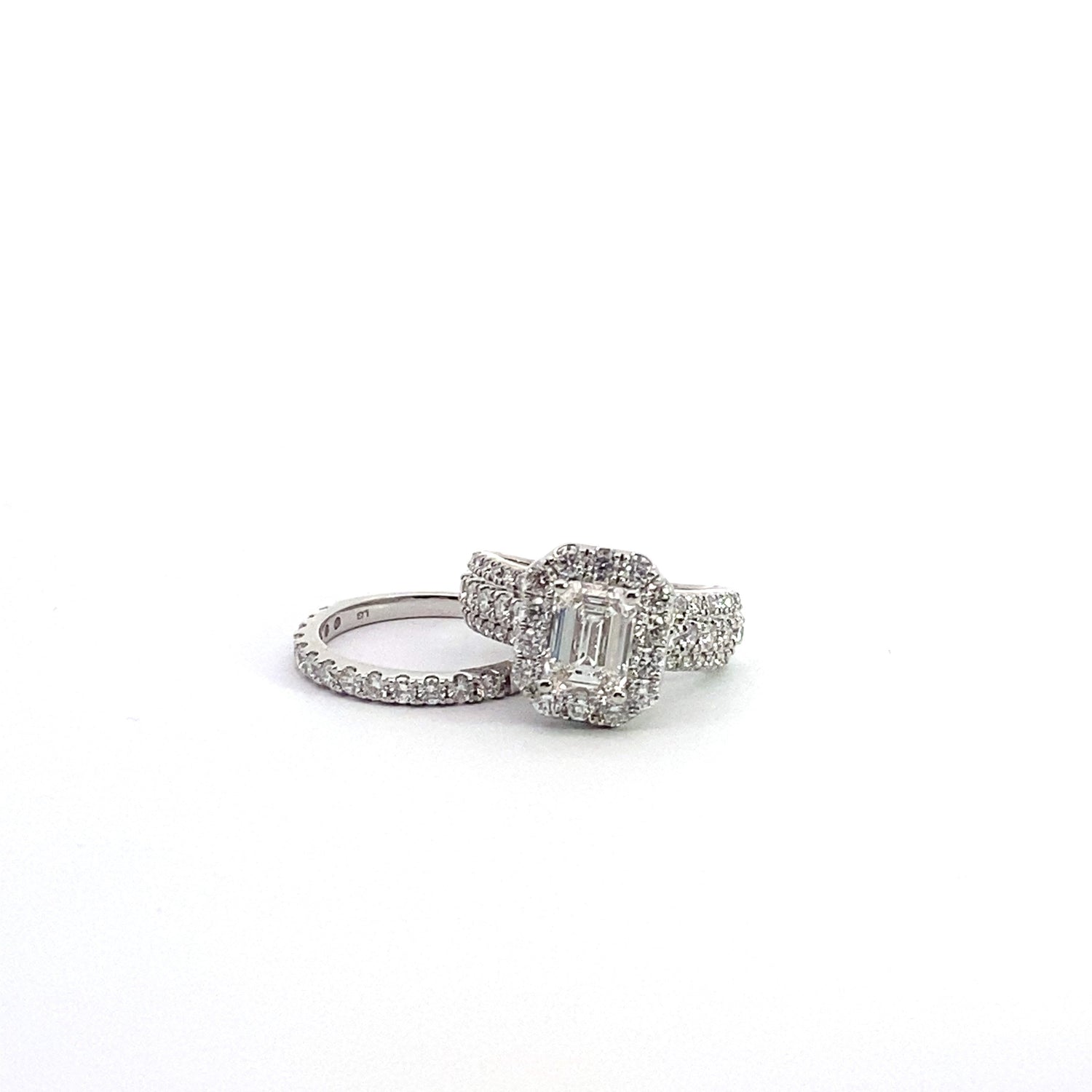 18k White Gold 4.00 cttw Lab Grown Diamond 2pc Emerald Shape and Round Engagement Ring