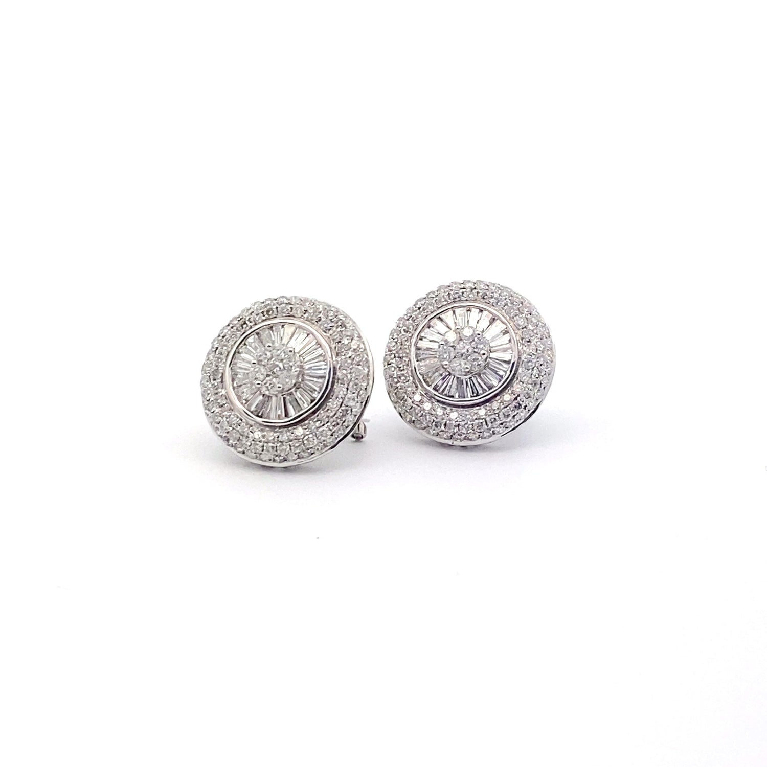 18K White Gold Vintage Style Baguette And Diamond Cluster Button Earrings