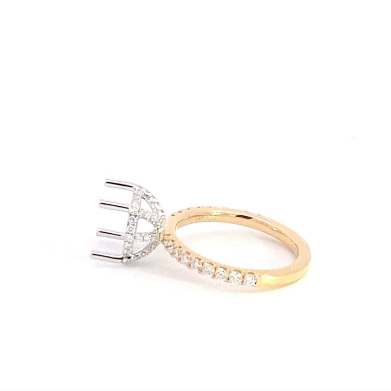 14K Yellow Gold Semi Mounting With 1/2 Way Round Brilliant Cut Lab Grown Diamonds on the Shank and a Hidden Halo 0.69 Cttw (For 5 Ct Round Center Stone)