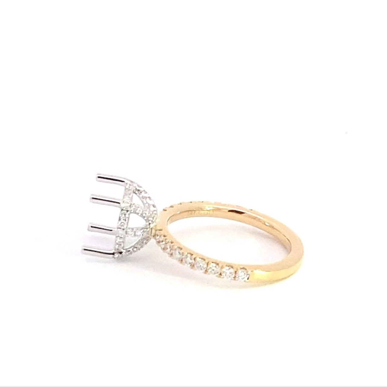 14K Yellow Gold Semi Mounting With 1/2 Way Round Brilliant Cut Lab Grown Diamonds on the Shank and a Hidden Halo 0.64 Cttw (For 3 Ct Round Center Stone)