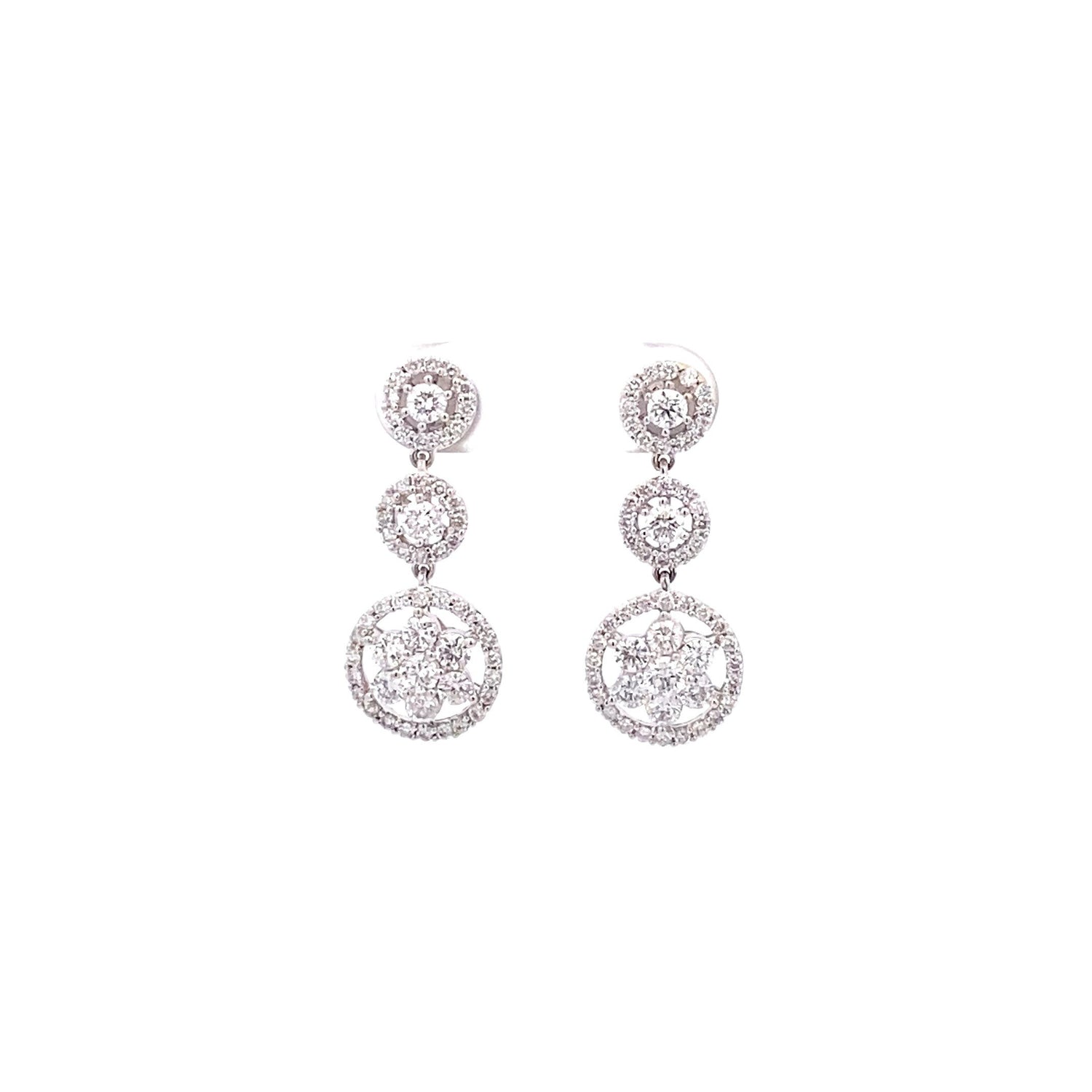 18K White Gold 1.65 ctw Round Halo Vintage Style Diamond Drop Earrings