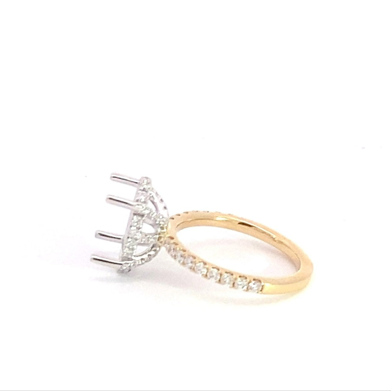 14K Yellow Gold Semi Mounting With 1/2 Way Round Brilliant Cut Lab Grown Diamonds on the Shank and a Hidden Halo 0.72 Cttw (For 4 Ct Oval Center Stone)