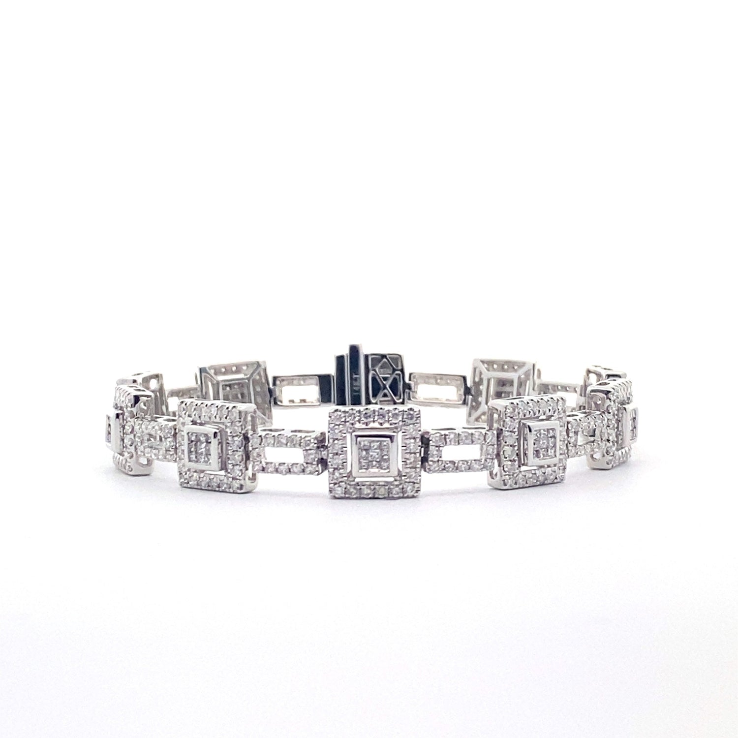 14K White Gold Italian Style Halo Square Link Fancy 3.75 cttw Diamond Bracelet