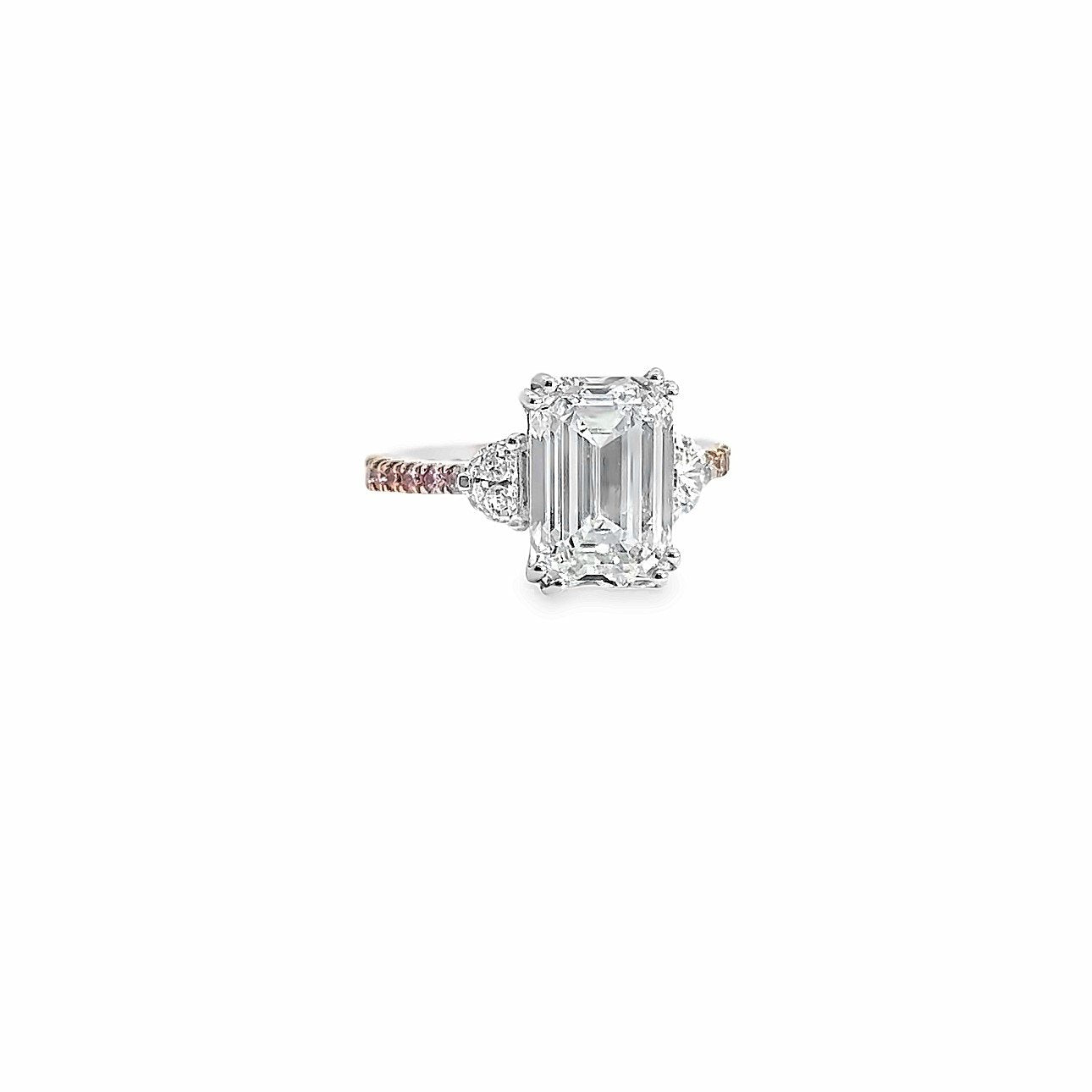 14K White Gold 3 Stone 6.60 cttw Emerald Cut Lab Grown Diamond Engagement Ring With Half Moon Side Stones And Fancy Pink Accents