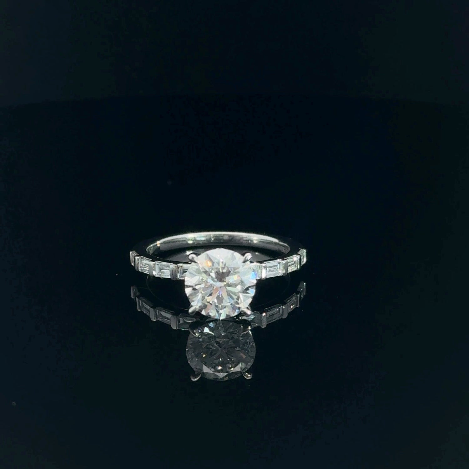 14K White Gold 2.47 cttw Round Brilliant Cut Lab Grown Diamond Engagement Ring With Hidden Halo And Baguette Diamond Shank