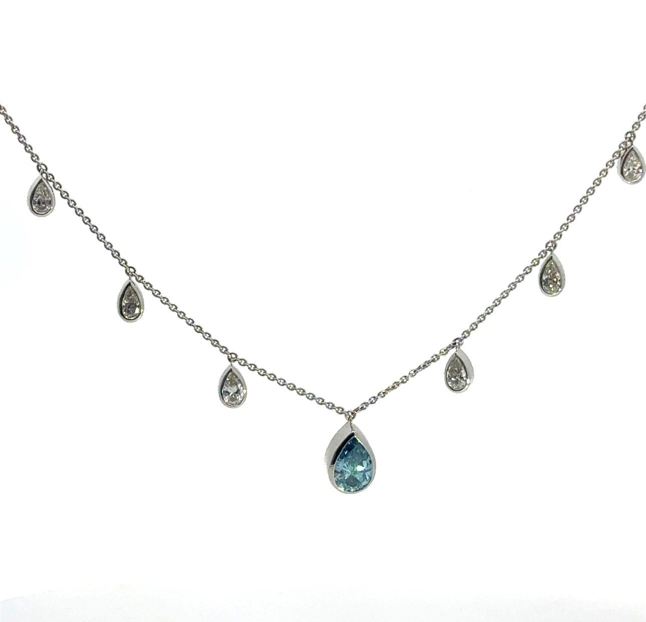 14K White Gold 3.12 cttw Blue & White Pear Shape Lab Grown Diamond Chandelier Necklace