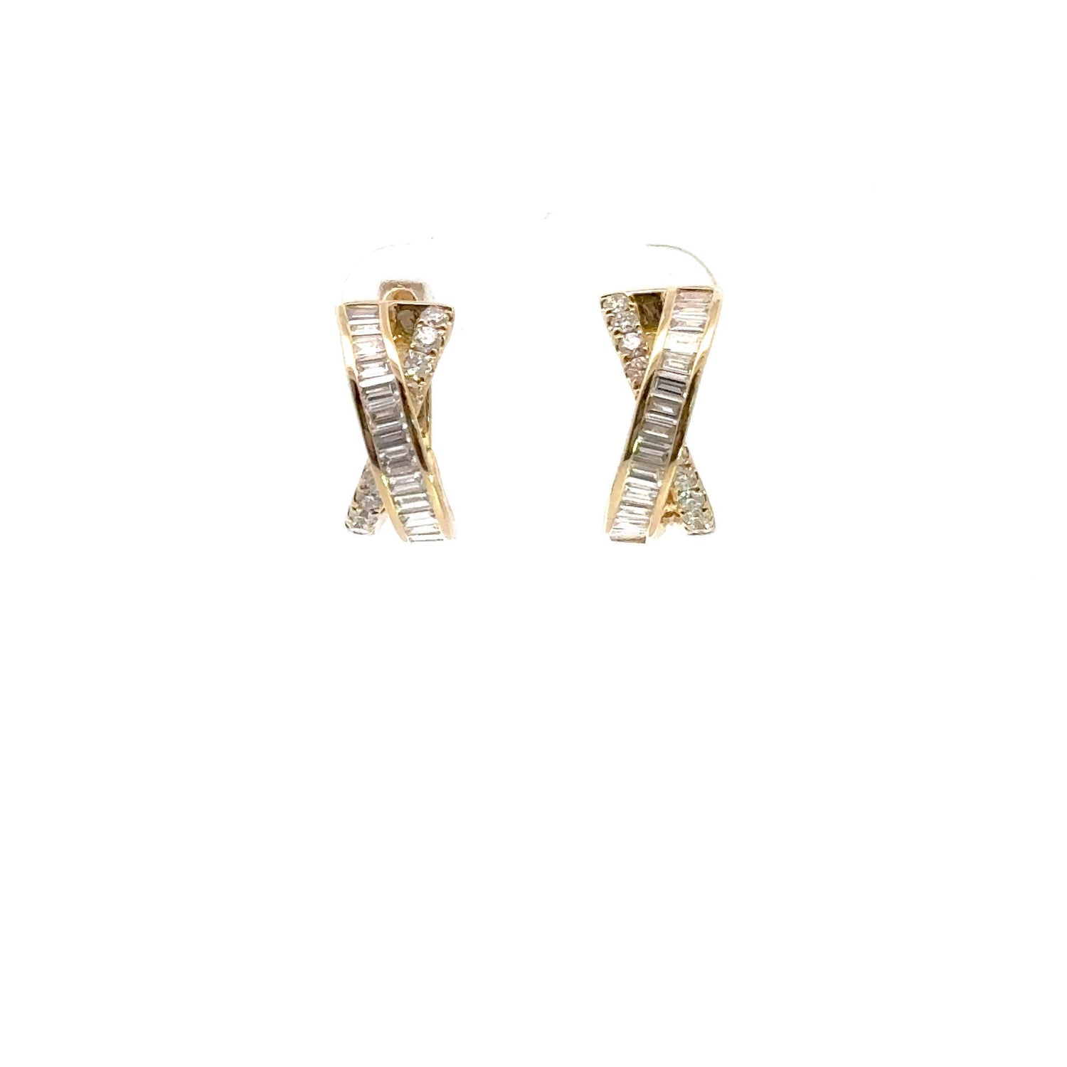 14K Yellow Gold Round Brilliant Cut and Emerald Cut Lab Grown Diamond Crossover Hoop Earrings 1.66cttw