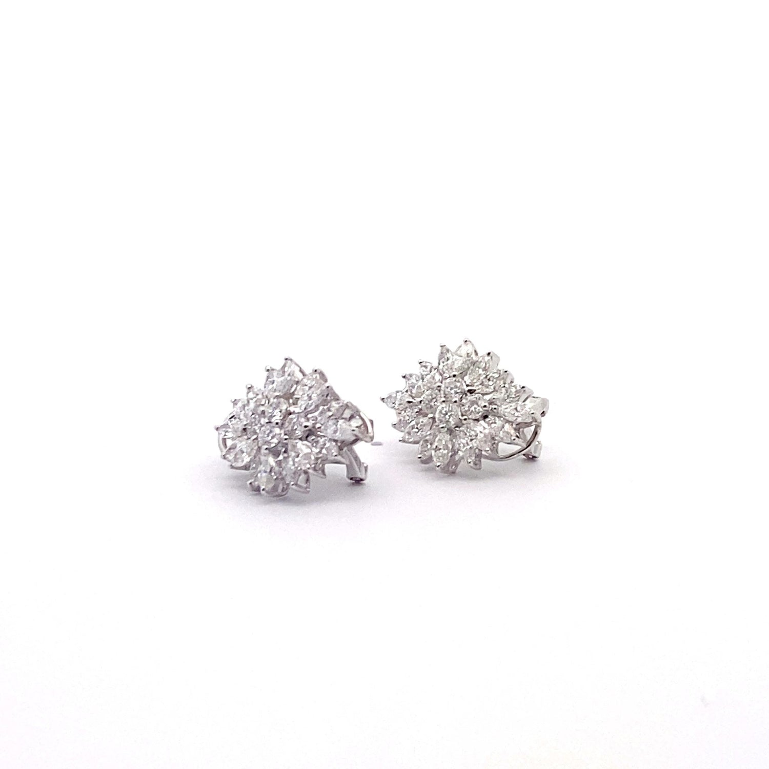 18K White Gold Marquise and Round Flower Style Cluster Diamond Earrings