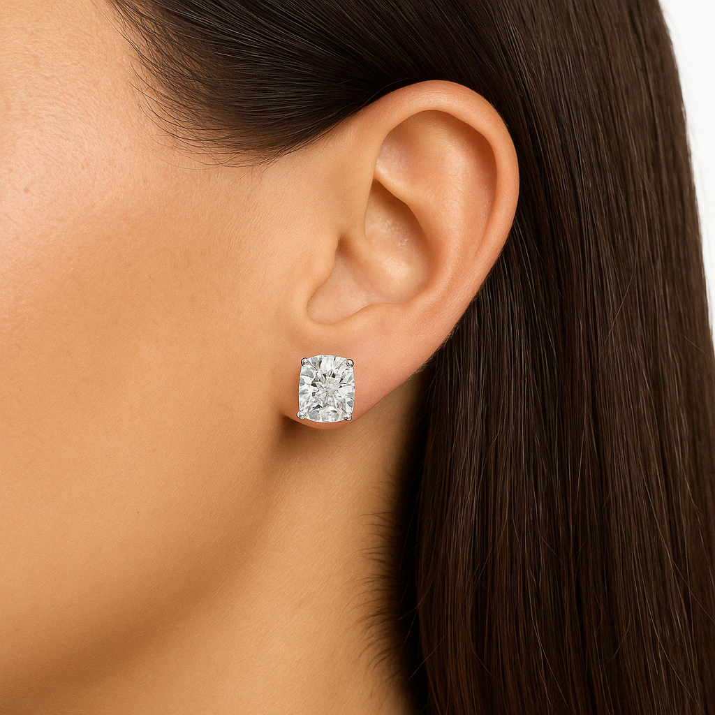 14K White Gold Cushion Cut Lab Grown Diamond Stud Earrings