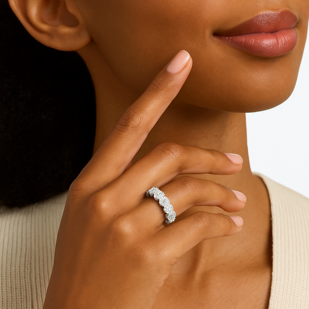 Anillo de eternidad de diamantes cultivados en laboratorio de talla ovalada en oro blanco de 14 quilates