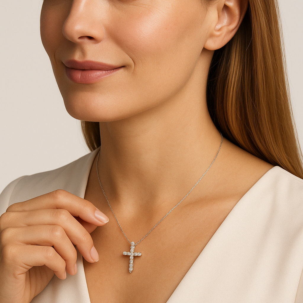 Colgante de cruz con diamantes redondos de talla brillante en oro blanco de 14 quilates