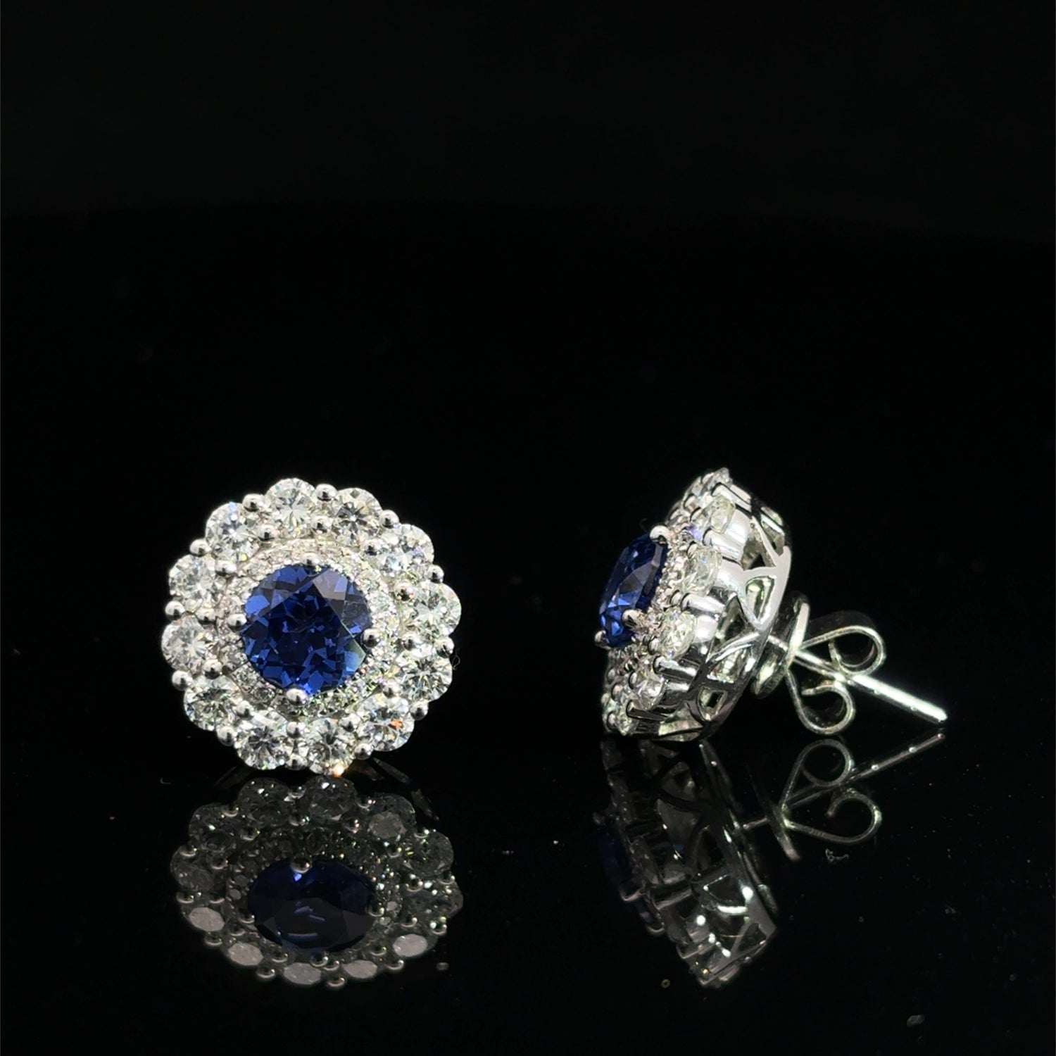 14K White Gold Round Cut Lab Grown Diamond and Sapphire Earrings 4.19cttw