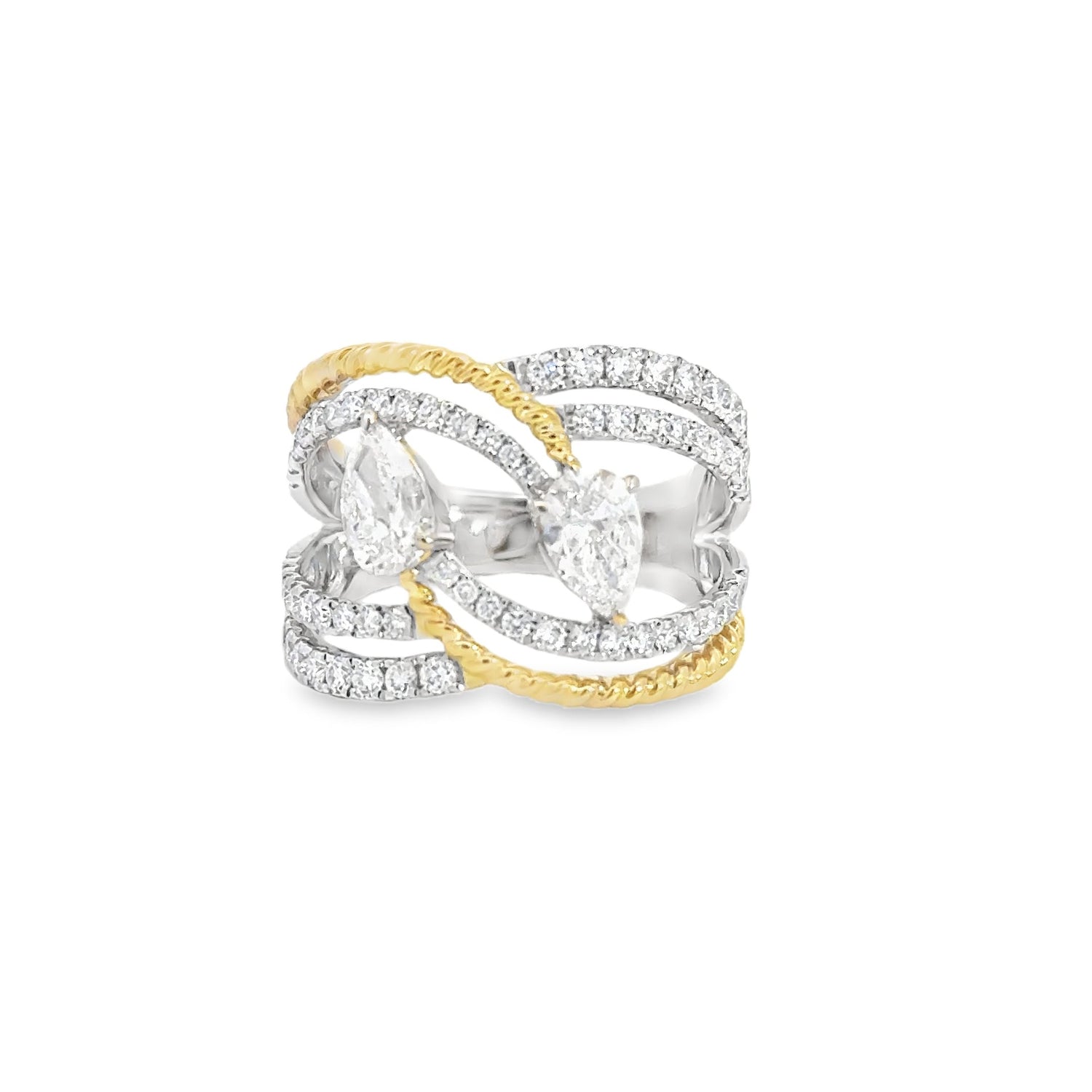 Anillo de moda en oro blanco y amarillo de 14 quilates con diamantes cultivados en laboratorio, de dos tonos, en forma de pera y corte brillante redondo.