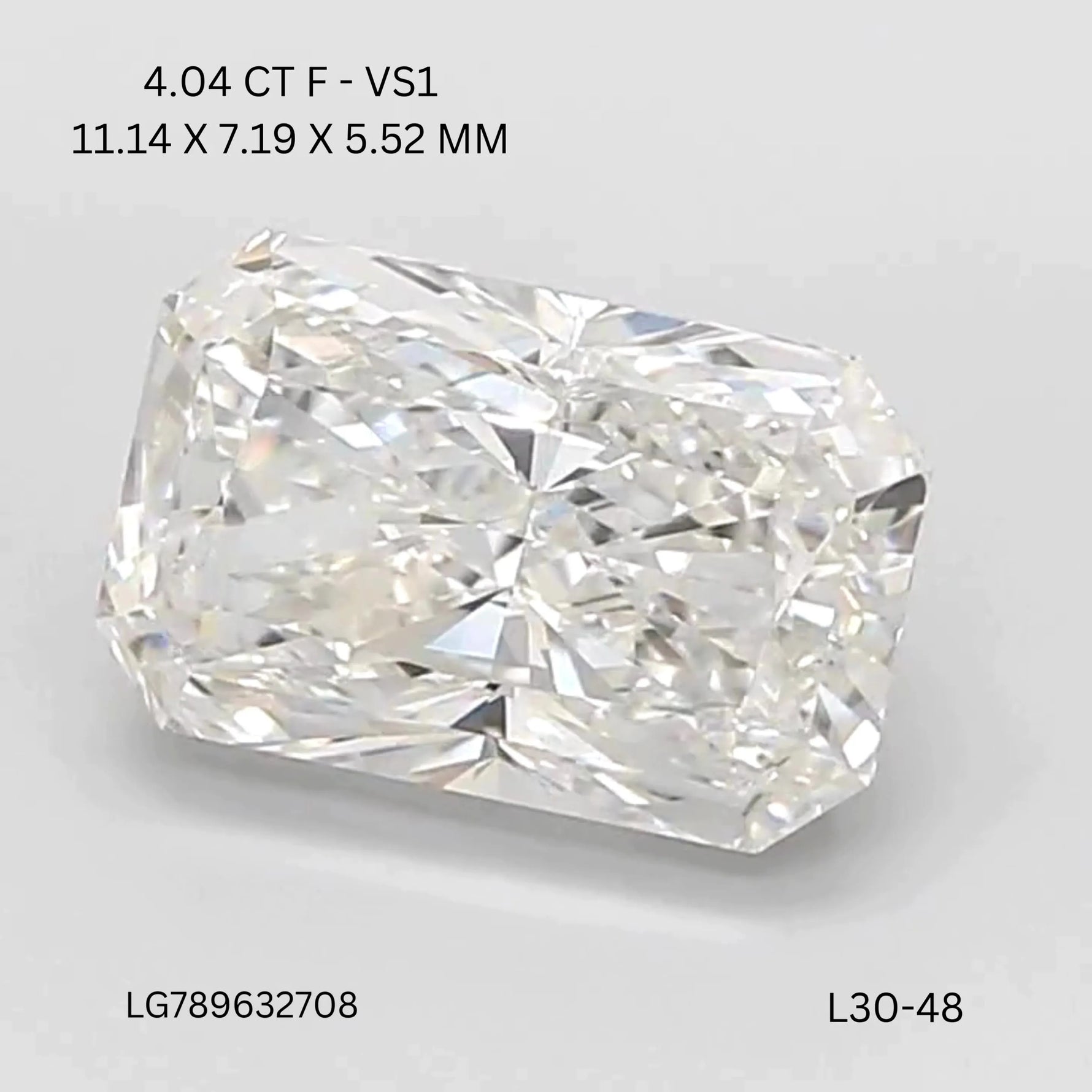 4.04ct Radiant Lab Grown Diamond (Colour F, Clarity VS1, IGI Certified)