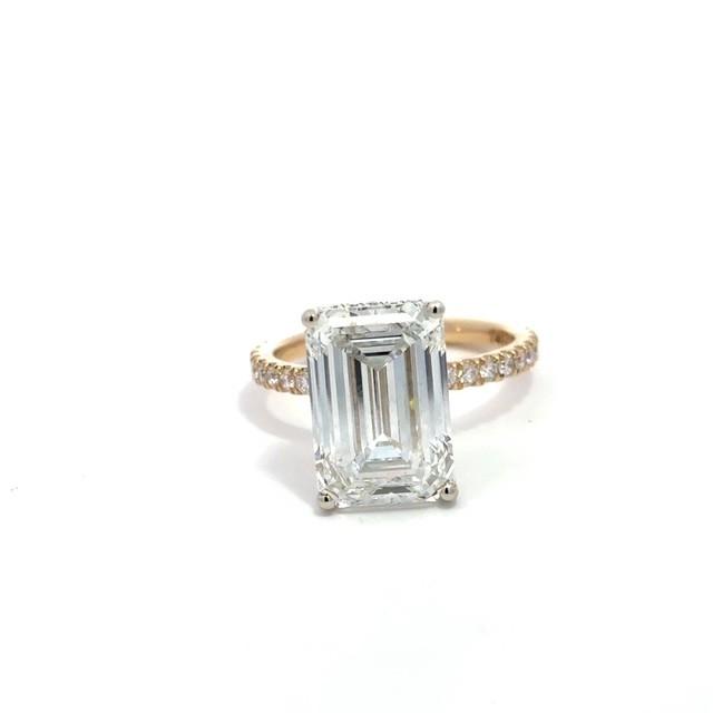 14K Two Tone Hidden Halo Diamond Ring with 3/4 Way Diamond Shank 6.01CT Emerald Cut F VVS2