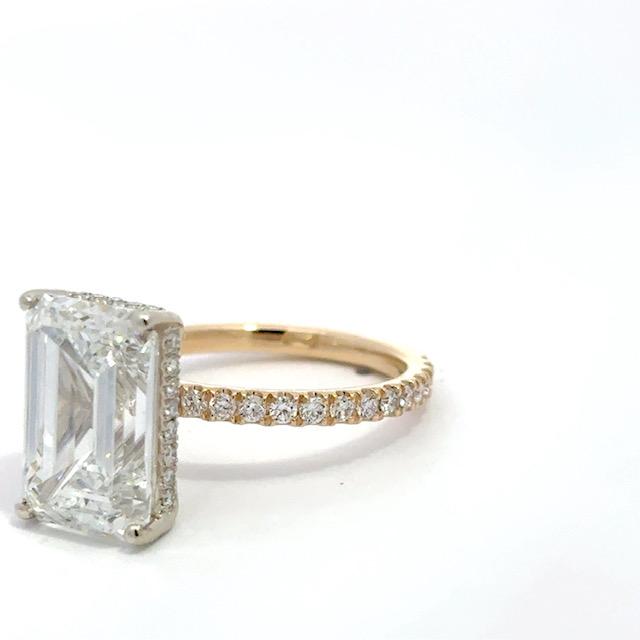 14K Two Tone Hidden Halo Diamond Ring with 3/4 Way Diamond Shank 6.01CT Emerald Cut F VVS2