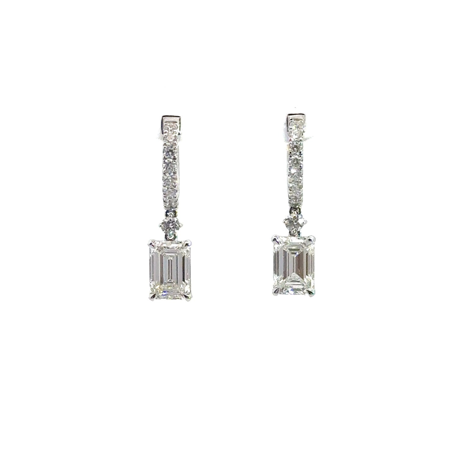 14K White Gold Round Brilliant and Emerald Cut Lab Grown Diamond Dangle Earrings