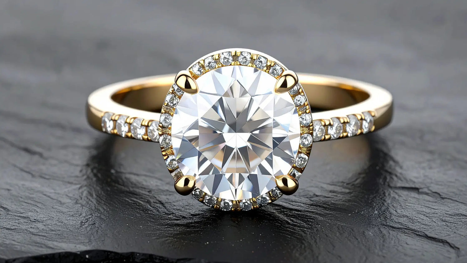 Gold ring with a large lab diamond on a dark surface