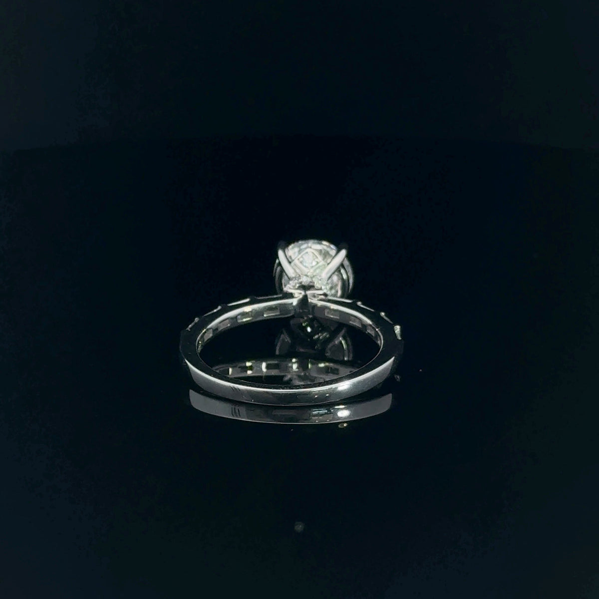 14K white gold hidden halo engagement ring with a 2.00 carat round lab grown diamond, 2.47 carats total