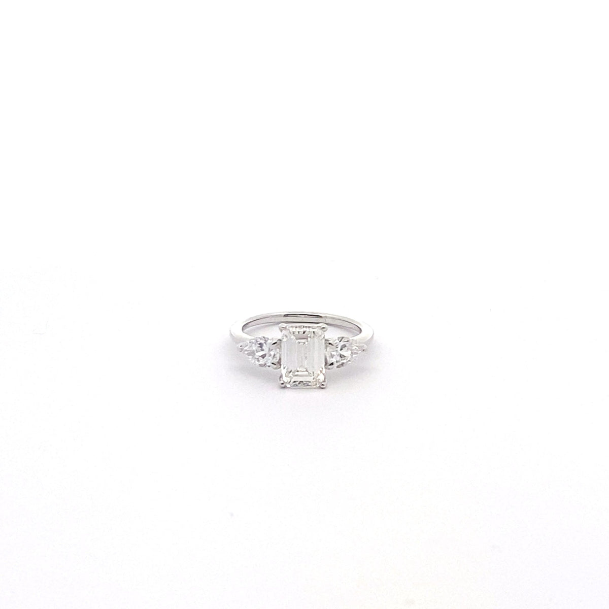 14K white gold engagement ring with a 2.00 carat emerald cut lab grown diamond, 3.00 carats total
