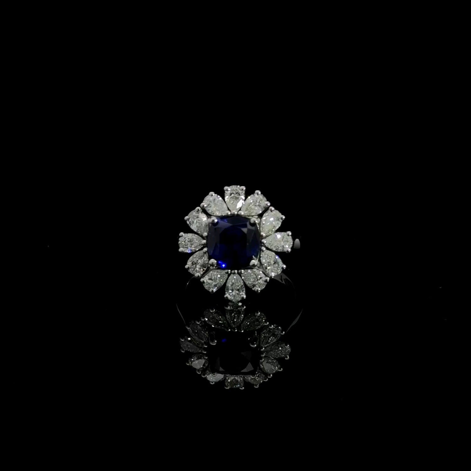 14K White Gold Cushion Cut Dark Blue Sapphire and Lab Grown Diamond Halo Fashion Ring 1.98ct Center