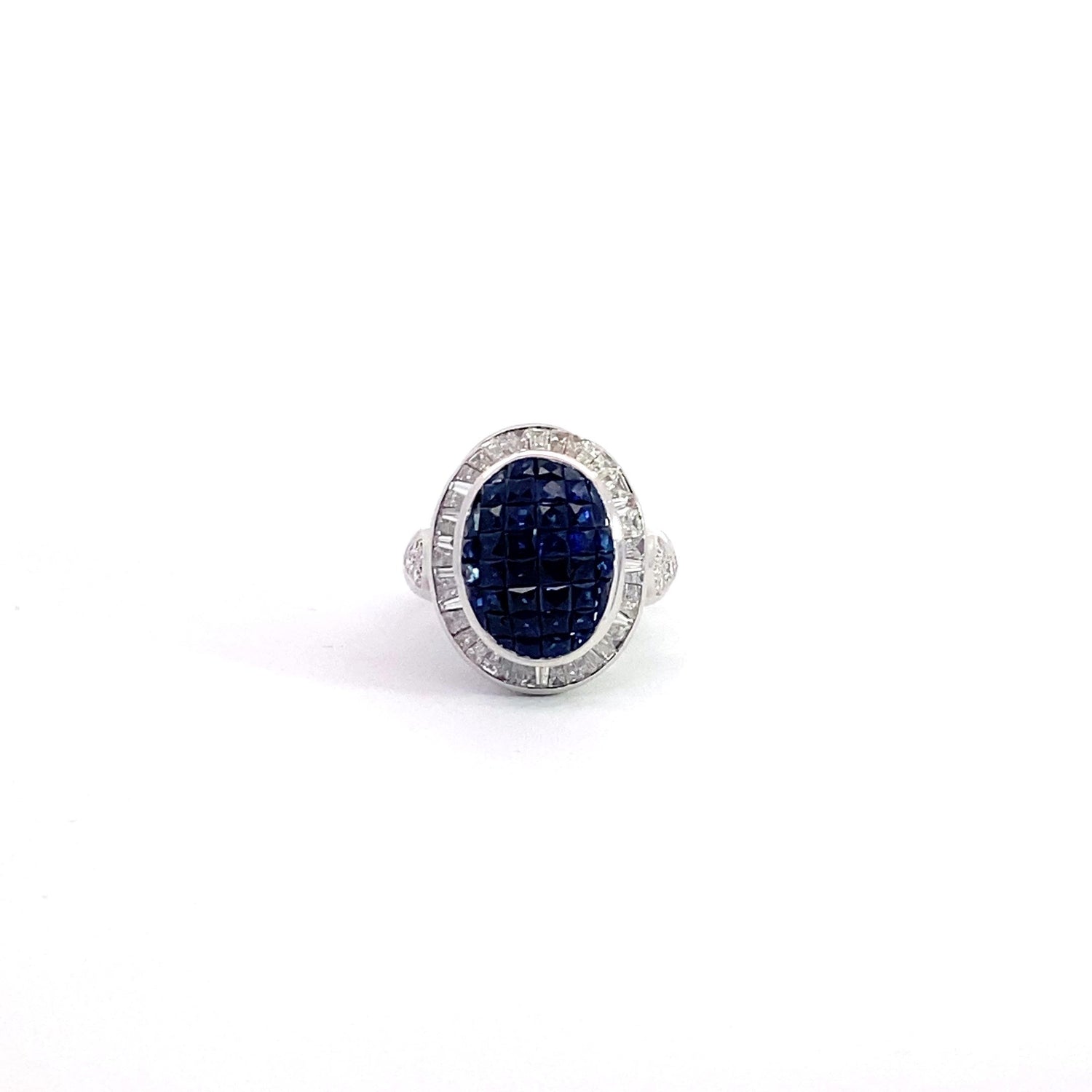 18K White Gold 7.00 cttw Sapphire And Baguette Fancy Vintage Diamond Ring